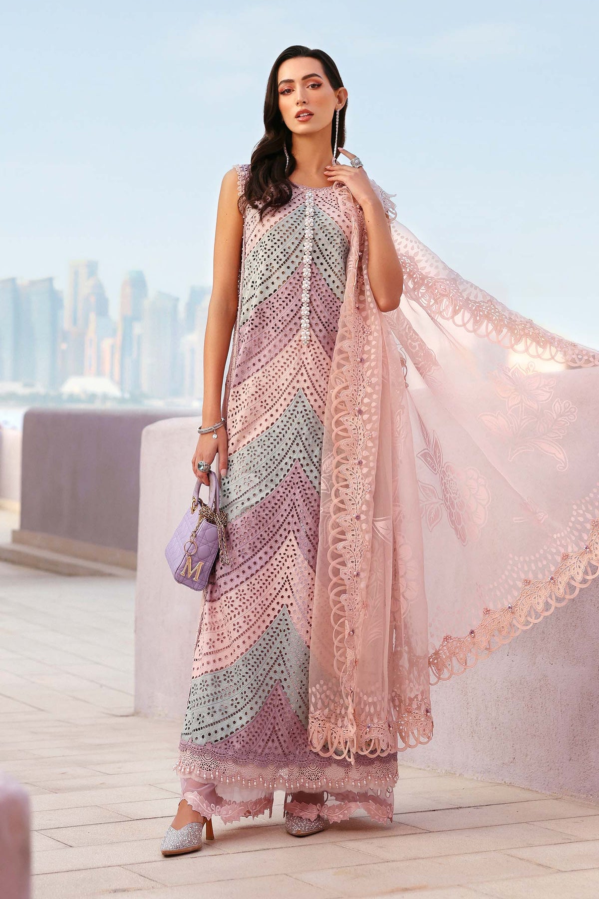 3Pc Unstitched Lawn Embroidered Suit with Diamond Chiffon Dupata With Dupata Pallu Embroided Patch - LLC-D529