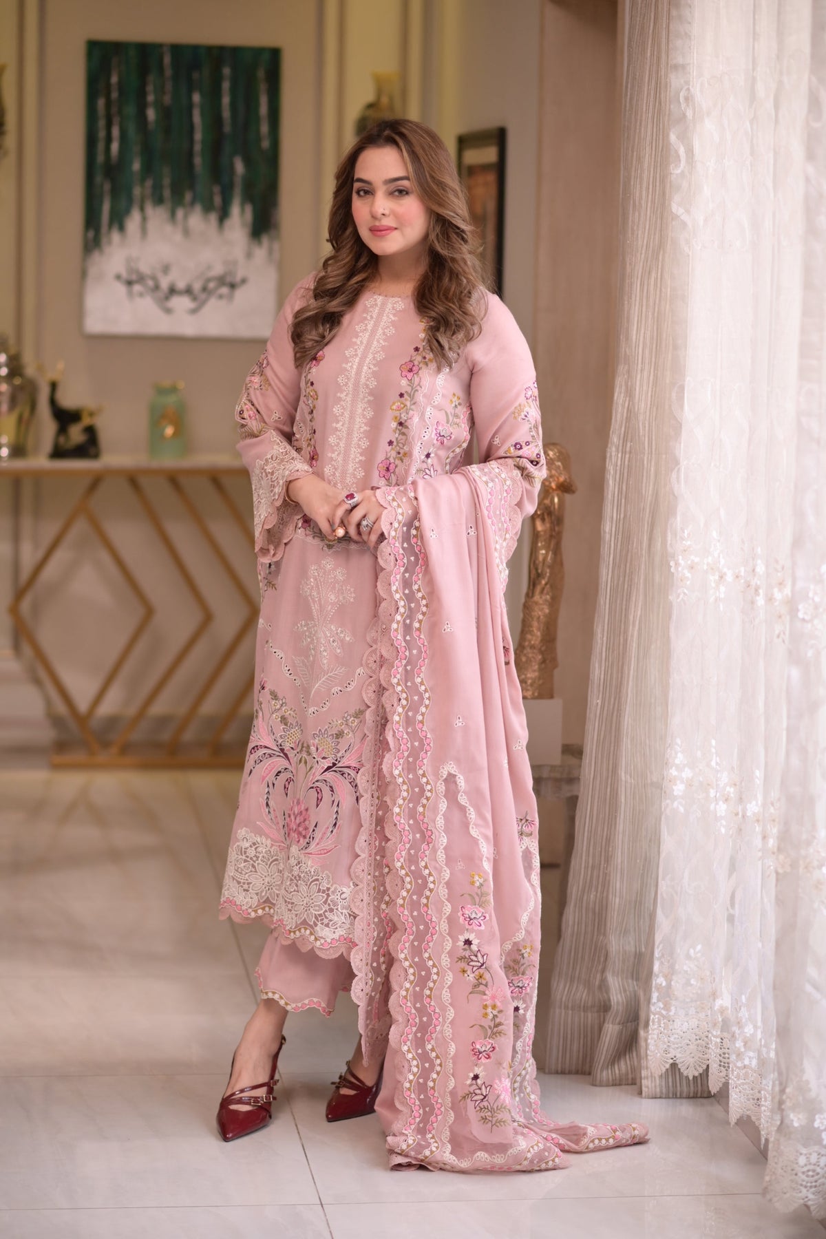 3Pc Unstitched Lawn Embroidered Suit with Organza Embroidered Dupatta - LLC-2520