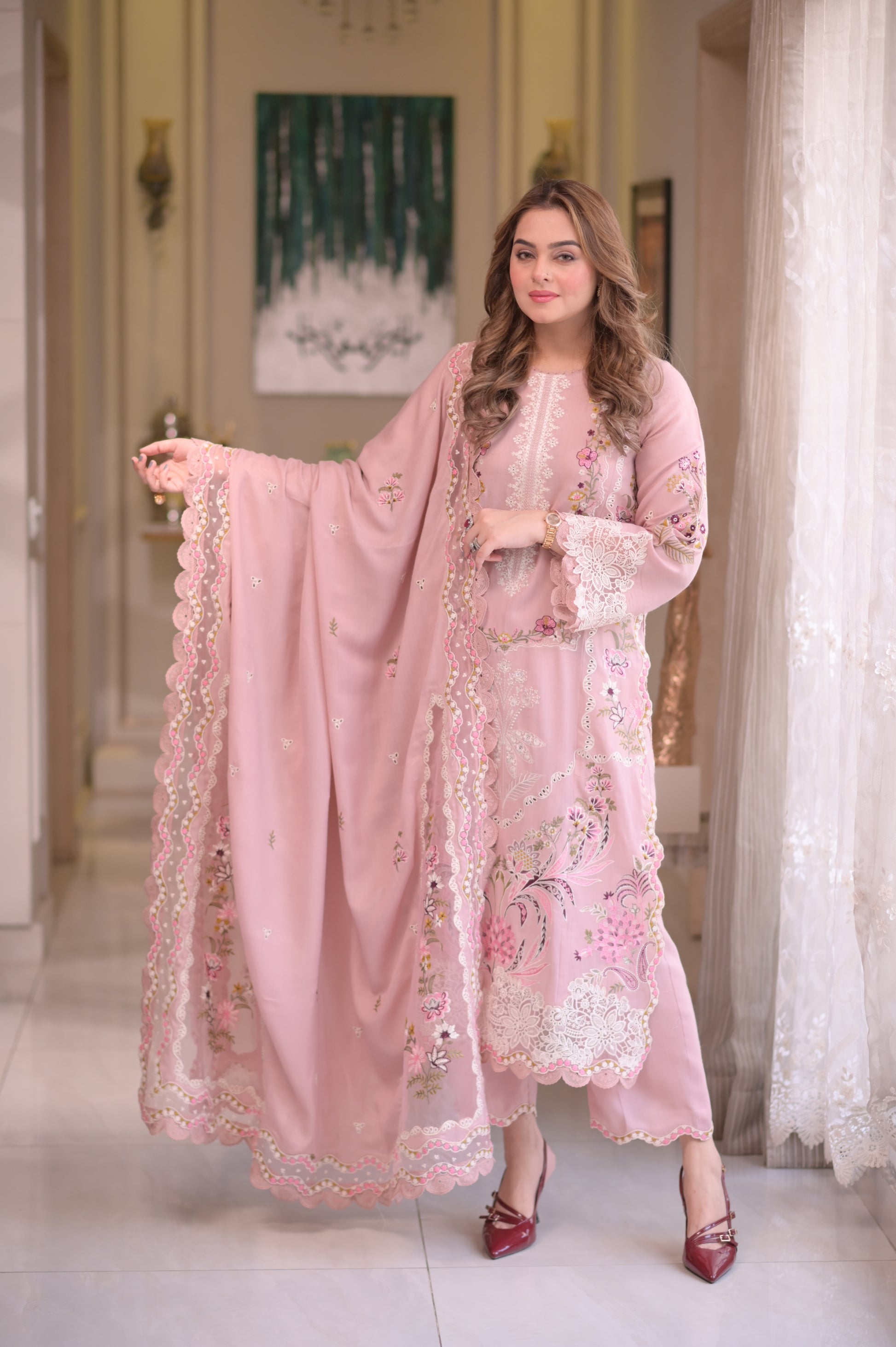 3Pc Unstitched Lawn Embroidered Suit with Organza Embroidered Dupatta - LLC-2520