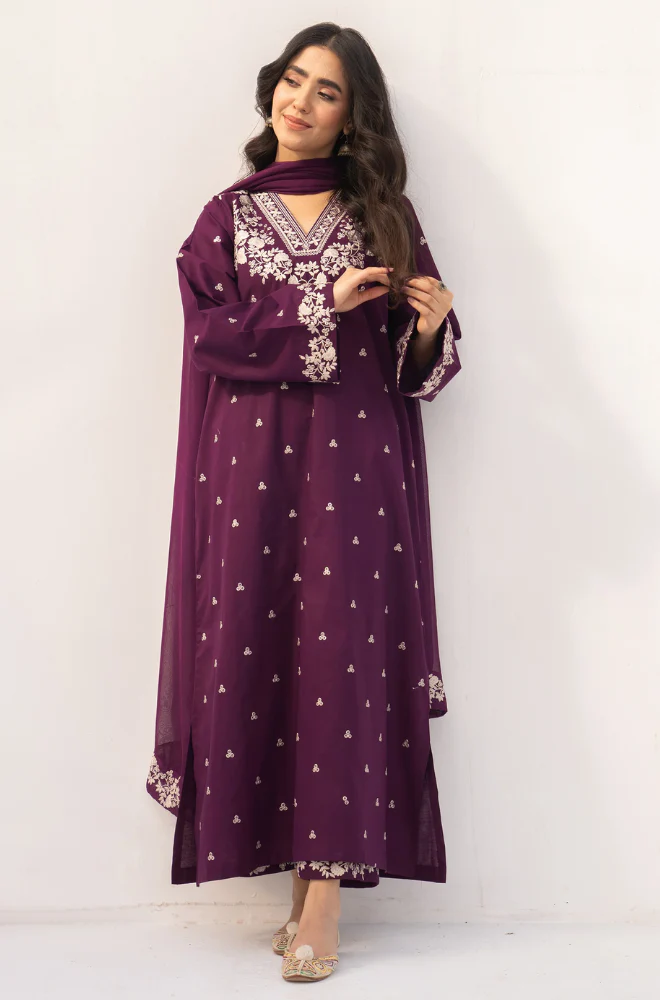 3Pc Unstitched Lawn Embroidered Suit with Embroidered Chiffon Duppata - LLC-02550