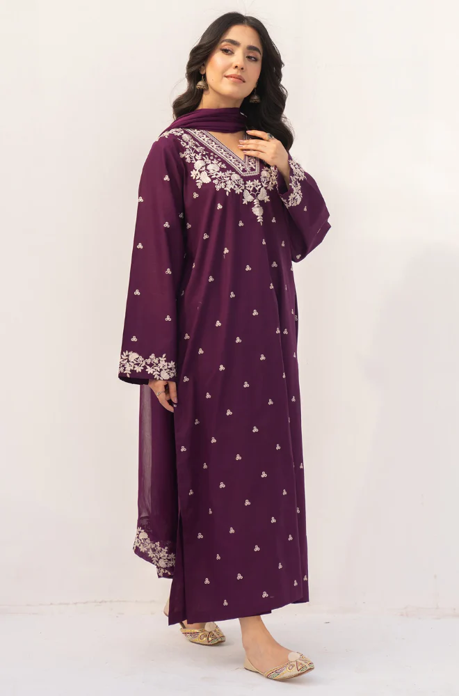 3Pc Unstitched Lawn Embroidered Suit with Embroidered Chiffon Duppata - LLC-02550