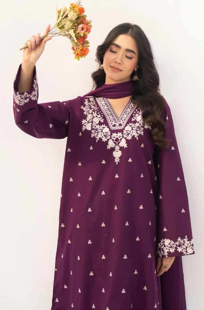 3Pc Unstitched Lawn Embroidered Suit with Embroidered Chiffon Duppata - LLC-02550