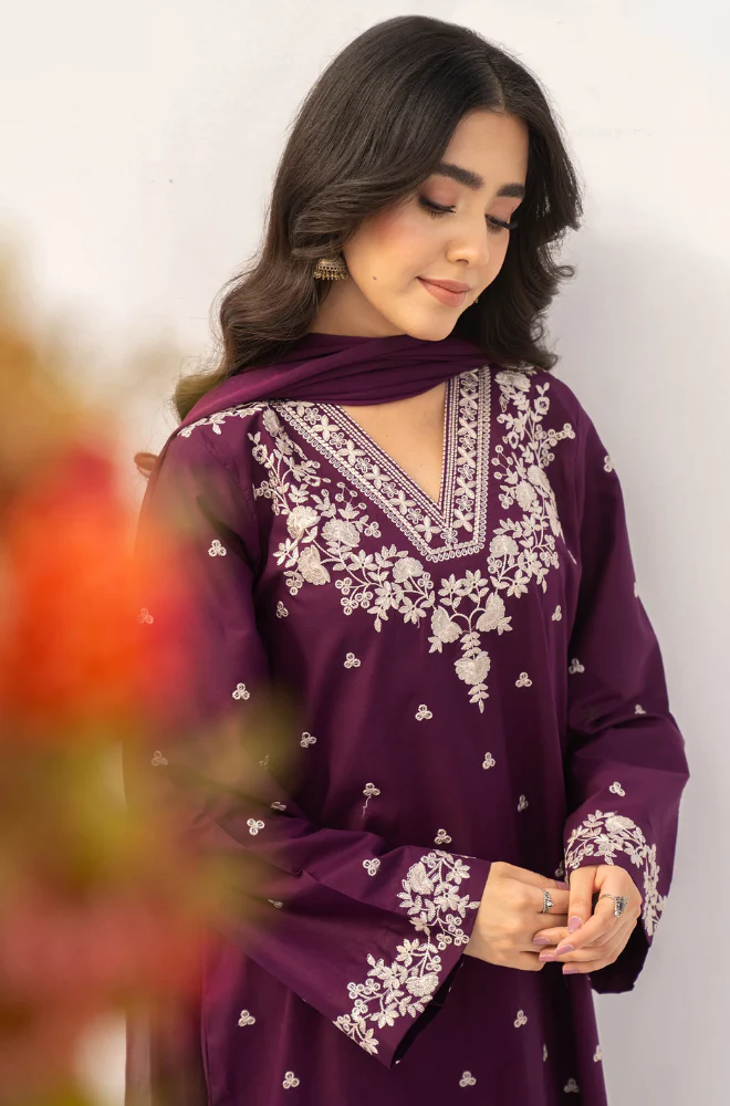 3Pc Unstitched Lawn Embroidered Suit with Embroidered Chiffon Duppata - LLC-02550