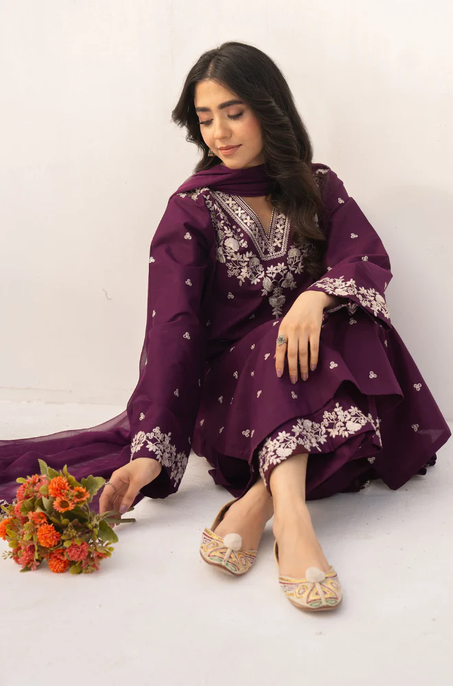 3Pc Unstitched Lawn Embroidered Suit with Embroidered Chiffon Duppata - LLC-02550