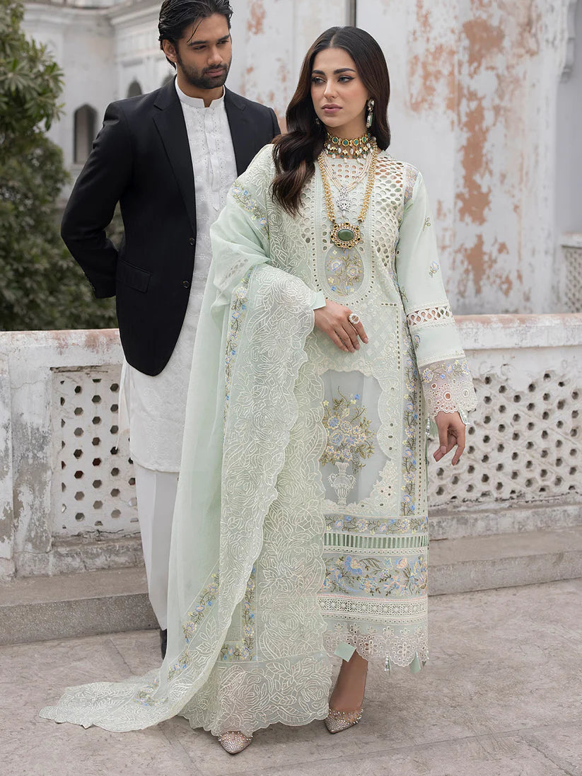 3Pc Unstitched Lawn Embroidered Chiken Kari Suit with Bana Dora Lawn Dupata - LLC-D624