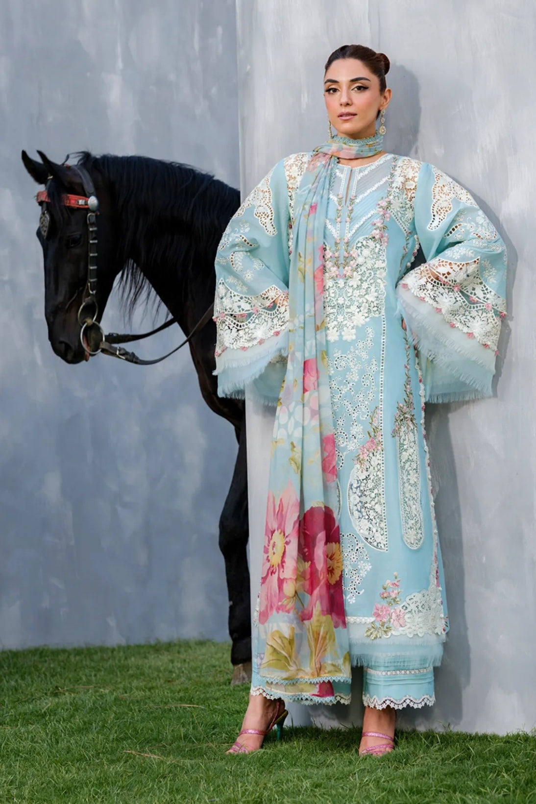 3Pc Unstitched Lawn Embroidered Chiken Kari Suit with Bana Dora Lawn Dupata - LLC-D625