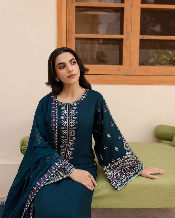 3Pc Unstitched Lawn Embroidered Suit with Embroidered Chiffon Duppata With 4 Motif & Pallu Patches - LLC-2526