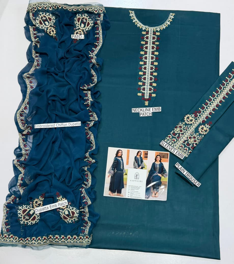 3Pc Unstitched Lawn Embroidered Suit with Embroidered Chiffon Duppata With 4 Motif & Pallu Patches - LLC-2526