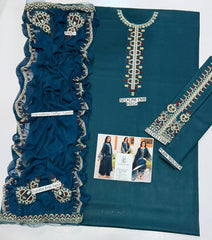 3Pc Unstitched Lawn Embroidered Suit with Embroidered Chiffon Duppata With 4 Motif & Pallu Patches - LLC-2526